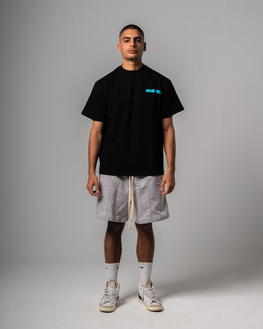 Black tee blue text
